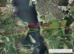 Oversigt over linjef�ringer ved Sydbyen med Forslag 9 indtegnet, og afstandsangivelse til strandpark og sydby. Klik p� billedet for at hente det i h�j opl�sning. Grafik: Allan Dalgaard.