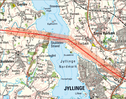 Energinet.dk's illistration af linjef�ringen/kabell�gningen af 400 kV-elnettet over Roskilde Fjord.